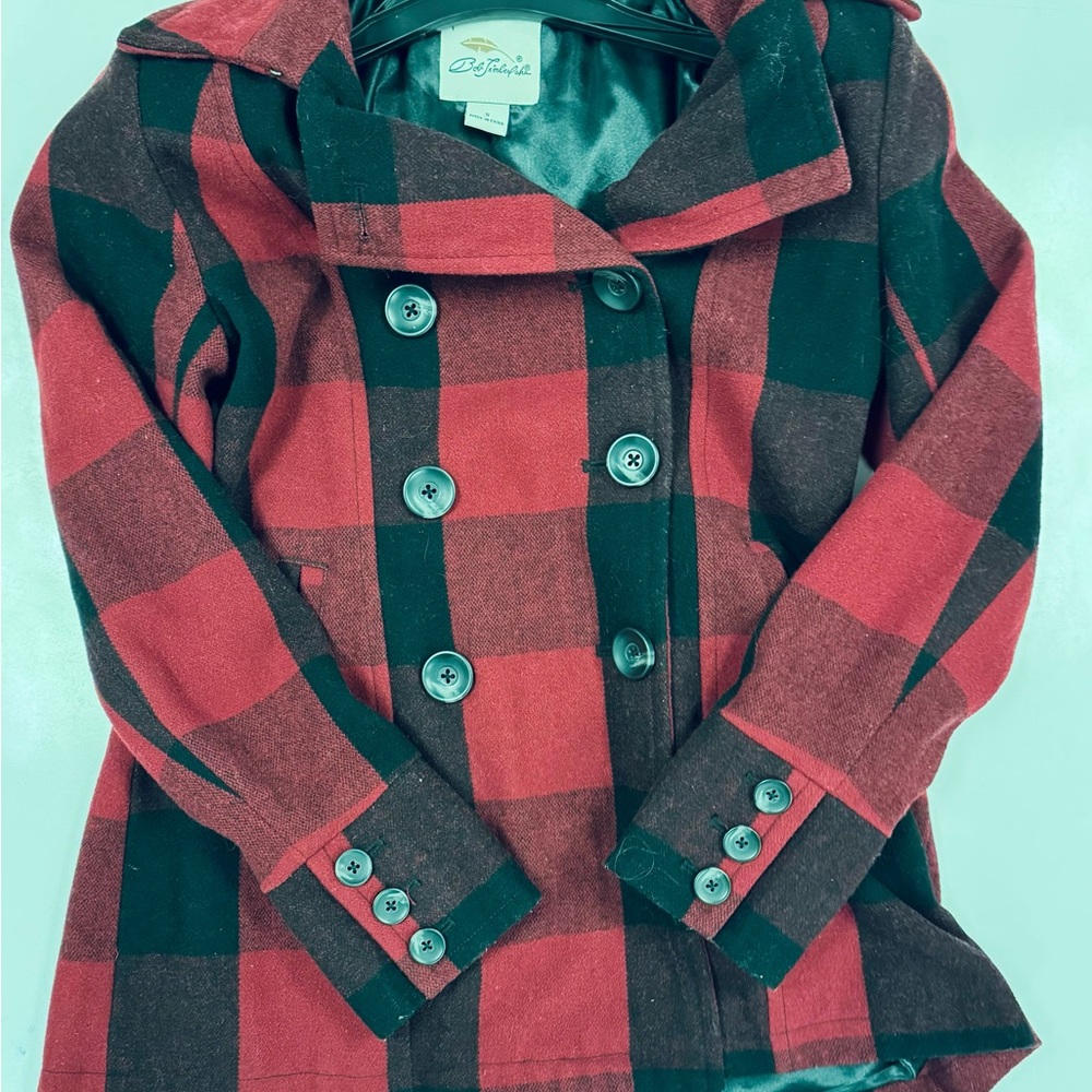 Wool Blend Bob Timberlake Red and Black Buffalo Plaid Peacoat - Small